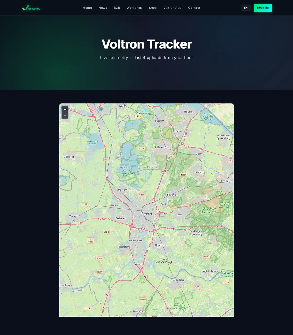 Voltron Tracker live map — last fleet uploads visible at e-voltron.nl/tracker