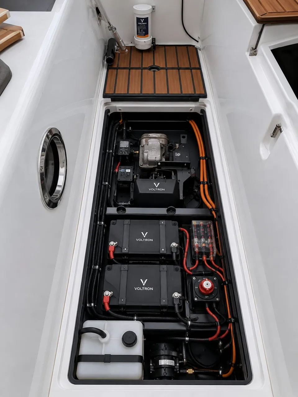 Twee Voltron 8,2 kWh NMC Lipo-modules in een yachtbilge met Voltron header-tank en hoofdschakelaar