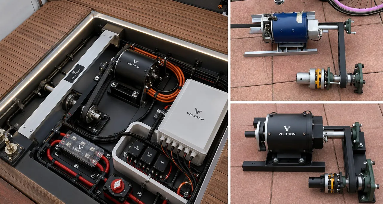 Voltron Marine 5 kW install — watergekoelde motor met riemaandrijving op schroefas, marine-grade controller en zekeringkast